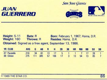 1989 Star #86 Juan Guerrero Back