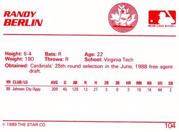 1989 Star #104 Randy Berlin Back
