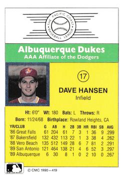 1990 CMC #419 Dave Hansen Back