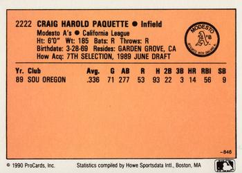 1990 CMC #846 Craig Paquette Back