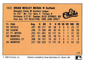 1990 CMC #829 Brian McRae Back