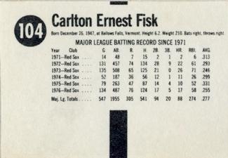 1977 Hostess Twinkies #104 Carlton Fisk Back