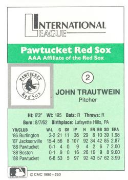 1990 CMC Pawtucket Red Sox #2 John Trautwein Back