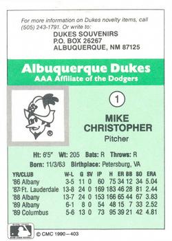 1990 CMC Albuquerque Dukes #1 Mike Christopher Back