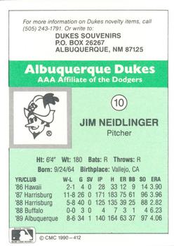 1990 CMC Albuquerque Dukes #10 Jim Neidlinger Back
