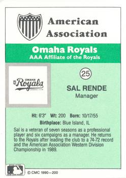 1990 CMC Omaha Royals #25 Sal Rende Back