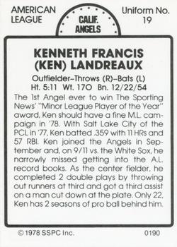 1978 SSPC 270 #190 Ken Landreaux Back