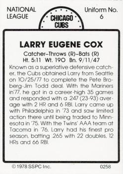 1978 SSPC 270 #258 Larry Cox Back