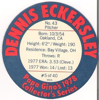 1978 Papa Gino's Discs #5 Dennis Eckersley Back