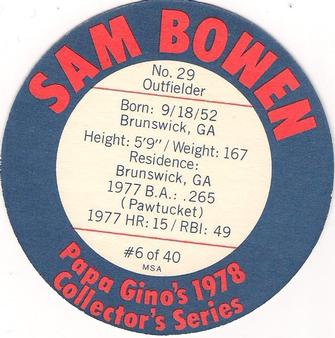 1978 Papa Gino's Discs #6 Sam Bowen Back