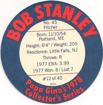 1978 Papa Gino's Discs #12 Bob Stanley Back