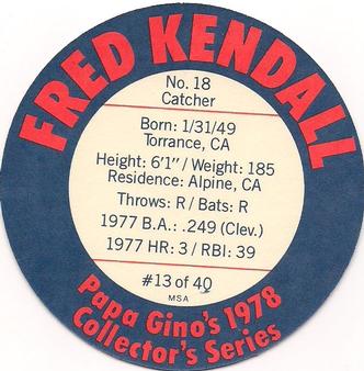 1978 Papa Gino's Discs #13 Fred Kendall Back