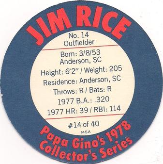 1978 Papa Gino's Discs #14 Jim Rice Back