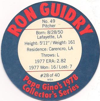 1978 Papa Gino's Discs #28 Ron Guidry Back