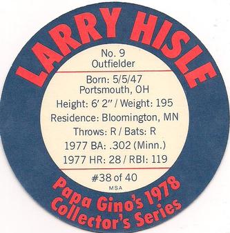 1978 Papa Gino's Discs #38 Larry Hisle Back