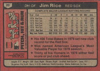 1980 Topps Burger King Pitch, Hit & Run #20 Jim Rice Back