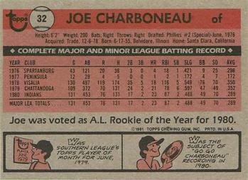 1981 Topps Squirt #32 Joe Charboneau Back