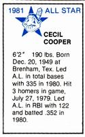 1981 All-Star Game Program Inserts #NNO Cecil Cooper Back
