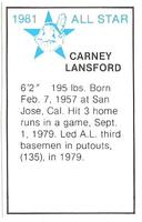 1981 All-Star Game Program Inserts #NNO Carney Lansford Back