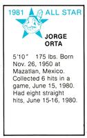 1981 All-Star Game Program Inserts #NNO Jorge Orta Back