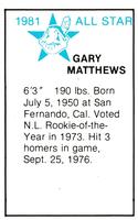1981 All-Star Game Program Inserts #NNO Gary Matthews Back