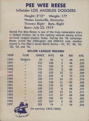1958 Bell Brand Los Angeles Dodgers #NNO Pee Wee Reese Back