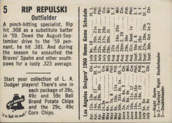 1960 Bell Brand Los Angeles Dodgers #5 Rip Repulski Back