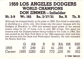 1980 TCMA 1959 Los Angeles Dodgers Black & White #022 Don Zimmer Back