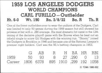 1980 TCMA 1959 Los Angeles Dodgers Black & White #002 Carl Furillo Back