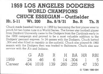 1980 TCMA 1959 Los Angeles Dodgers Black & White #004 Chuck Essegian Back