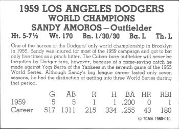 1980 TCMA 1959 Los Angeles Dodgers Black & White #010 Sandy Amoros Back