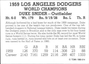 1980 TCMA 1959 Los Angeles Dodgers Black & White #014 Duke Snider Back
