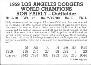 1980 TCMA 1959 Los Angeles Dodgers Black & White #019 Ron Fairly Back
