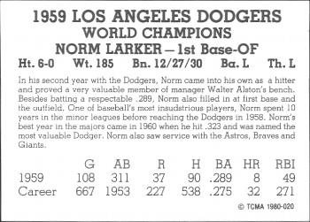 1980 TCMA 1959 Los Angeles Dodgers Black & White #020 Norm Larker Back
