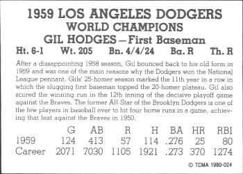 1980 TCMA 1959 Los Angeles Dodgers Black & White #024 Gil Hodges Back
