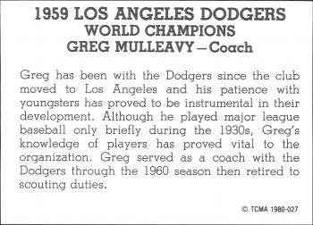 1980 TCMA 1959 Los Angeles Dodgers Black & White #027 Greg Mulleavy Back