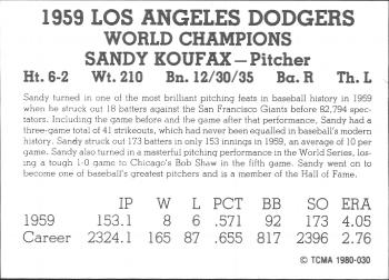 1980 TCMA 1959 Los Angeles Dodgers Black & White #030 Sandy Koufax Back
