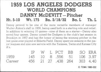 1980 TCMA 1959 Los Angeles Dodgers Black & White #032 Danny McDevitt Back