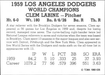 1980 TCMA 1959 Los Angeles Dodgers Black & White #036 Clem Labine Back