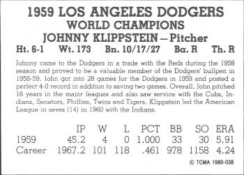 1980 TCMA 1959 Los Angeles Dodgers Black & White #038 Johnny Klippstein Back