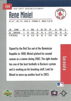 2002 Upper Deck Minor League #154 Rene Miniel Back