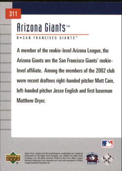2002 Upper Deck Minor League #311 Arizona Giants Back