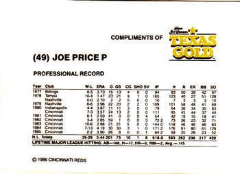 1986 Texas Gold Cincinnati Reds #NNO Joe Price Back