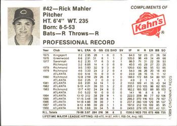 1989 Kahn's Cincinnati Reds #NNO Rick Mahler Back