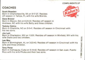 1989 Kahn's Cincinnati Reds #NNO Reds Coaches (Scott Breeden / Dave Bristol / Tommy Helms / Jim Lett / Lee May / Tony Perez) Back