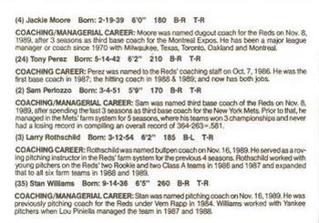 1990 Kahn's Cincinnati Reds #NNO Reds Coaches (Jackie Moore / Tony Perez / Sam Perlozzo / Larry Rothschild / Stan Williams) Back