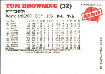 1993 Kahn's Cincinnati Reds #NNO Tom Browning Back