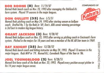 1994 Kahn's Cincinnati Reds #NNO Coaches (Bob Boone / Don Gullett / Grant Jackson / Ray Knight / Joel Youngblood) Back