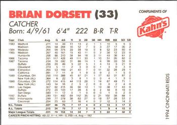 1994 Kahn's Cincinnati Reds #NNO Brian Dorsett Back