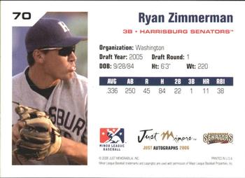 2006 Just Autographs #70 Ryan Zimmerman Back